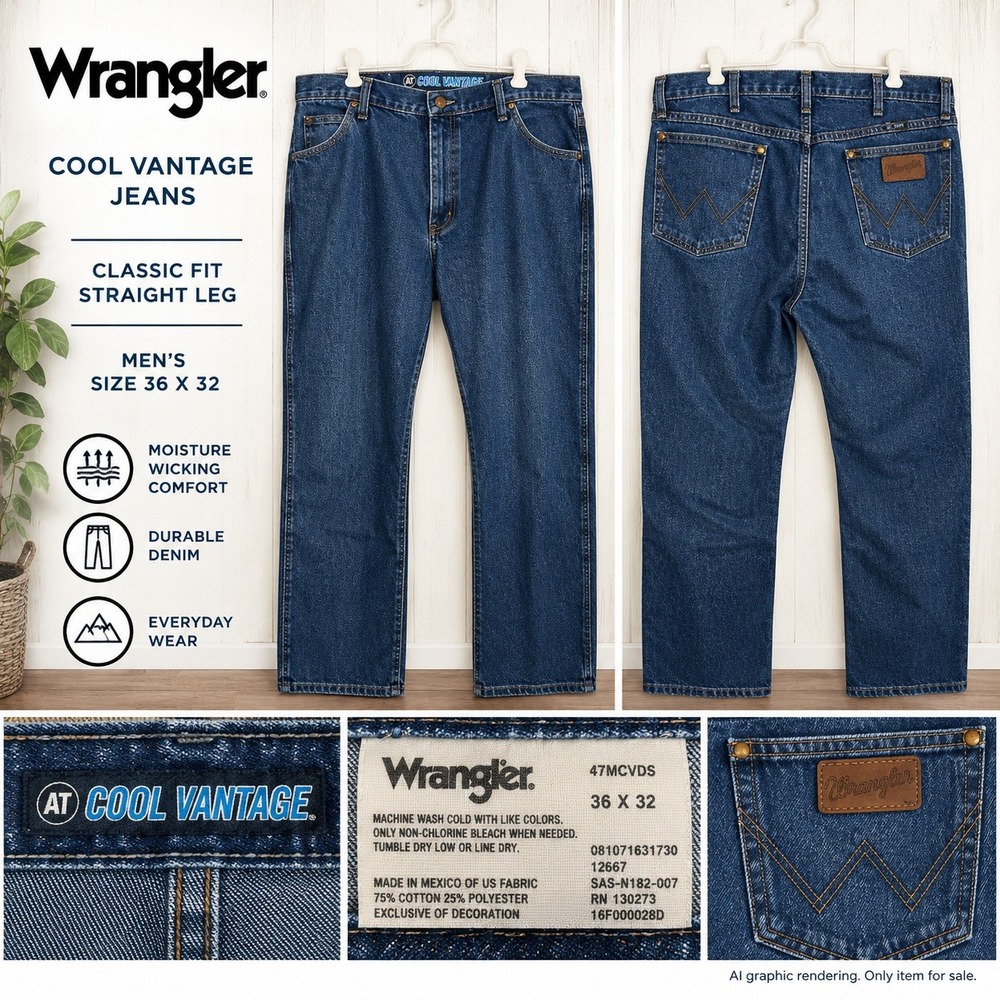Wrangler 36x32 Cool Vantage Jeans Blue Classic Fit Straight Leg 47MCVDS